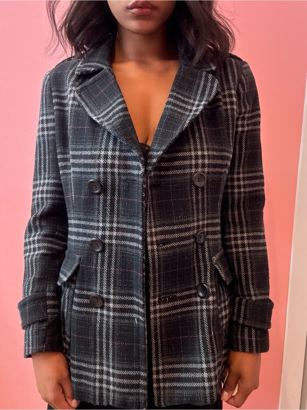Plaid Double-Breasted Wool Blend Coat - Black/Gray/purple
